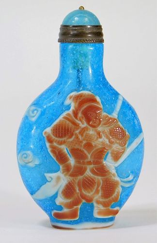 Chinese Blue Peking Glass Warrior Snuff Bottle