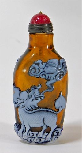 Chinese Amber Peking Glass Chilong Snuff Bottle