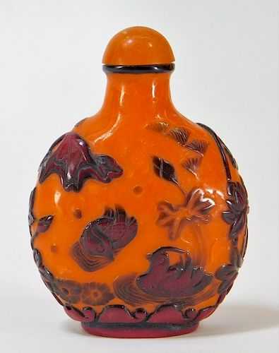 Chinese Orange Red Peking Glass Birds Snuff Bottle