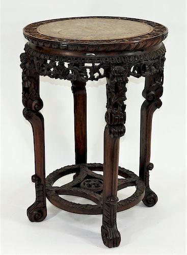 19C Chinese Carved Hardwood Rose Marble Table