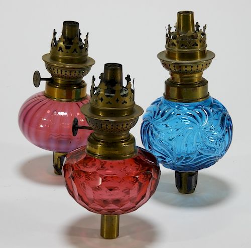 3 19C Colored Blown Glass Whale Oil Peg Lamps
