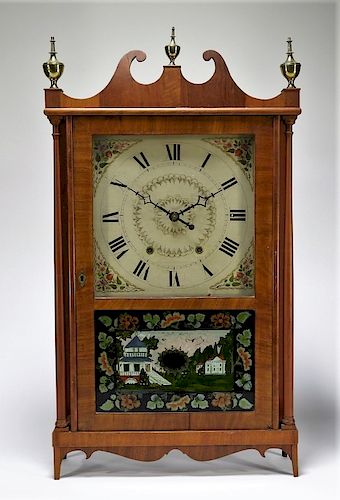 19C Mark Leavenworth Mahogany Pillar Scroll Clock