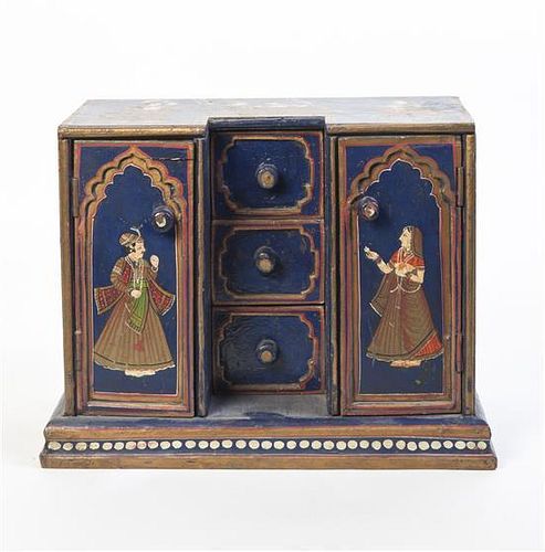 An Indian Painted Table Casket, Height 11 x width 13 x depth 7 1/4 inches.