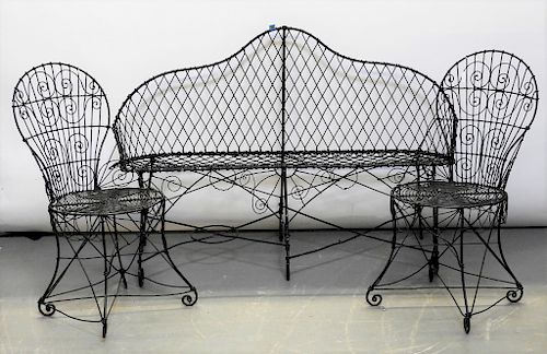 3PC Wrought Iron & Wire Garden Settee Chair Set