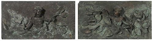 Pair Bronze Plaques with Putti