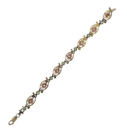 Antique 14k Gold Enamel Pearl Green Stone Bracelet