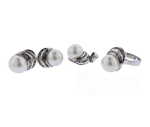 14k Gold Pearl Diamond Ring Earrings Pendant Set