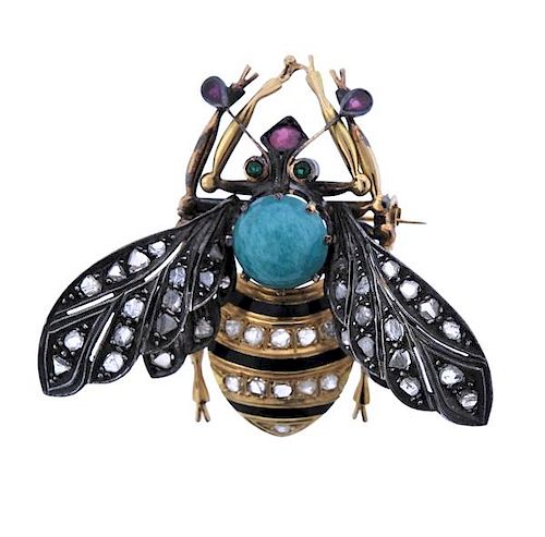 18K Gold Silver Diamond Colored Stone Enamel Insect Brooch