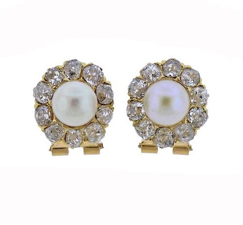 18K Gold Old Mine Cut Diamond Pearl Earrings