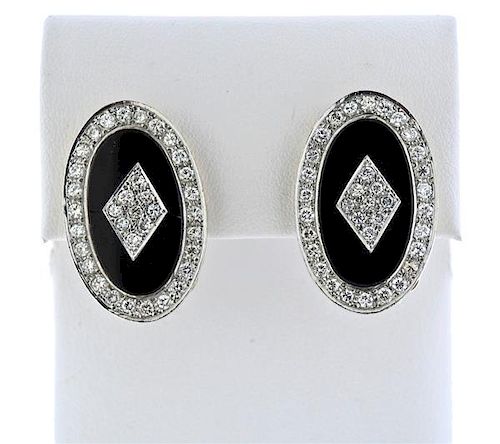 14K Gold Diamond Onyx Oval Earrings