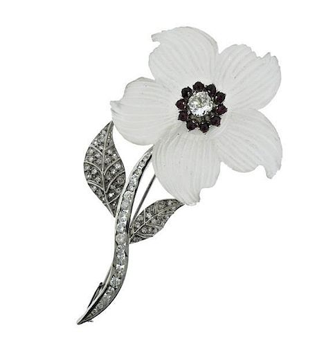 18k Gold Platinum Diamond Crystal Flower Brooch