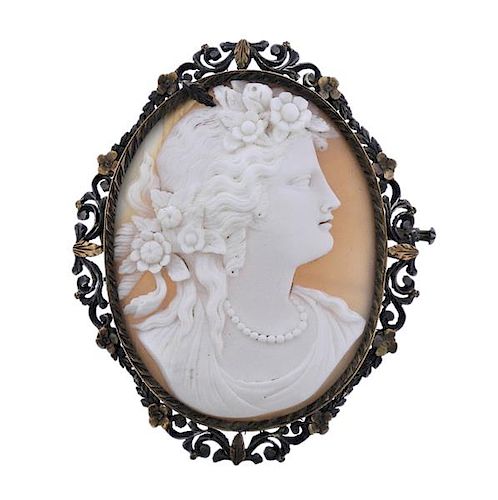 Antique Victorian 18K Gold Silver Shell Cameo Brooch