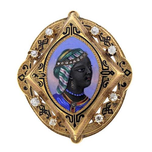 Antique 18K Gold Diamond Miniature Portrait Brooch