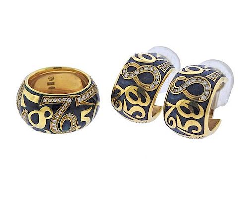 Franck Muller Crazy Hours Gold  Diamond Enamel Ring Earrings Set