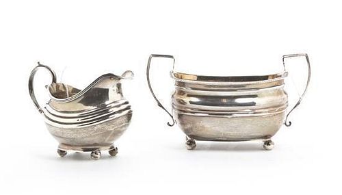 * An Assembled George III Silver Creamer and Sugar Set, Width of wider over handles 7 1/4 inches.