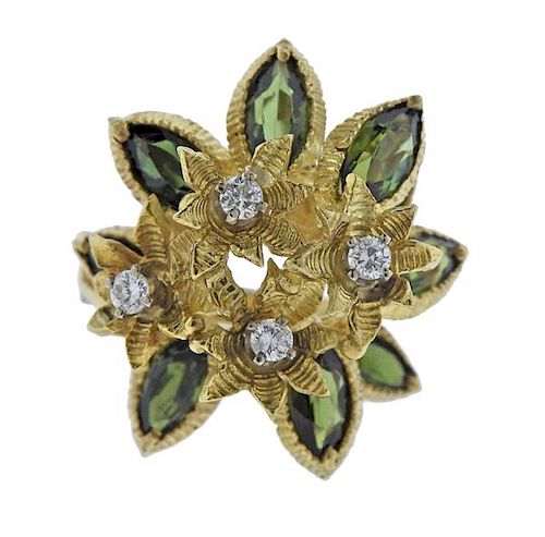 1970s 18K Gold Diamond Green Stone Ring