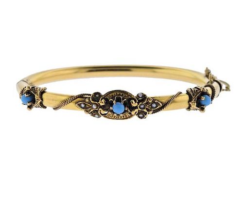 Antique 14k Gold Pearl Blue Stone Bracelet 