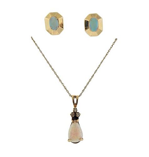 14K Gold Diamond Opal Pendant Necklace Earrings Set