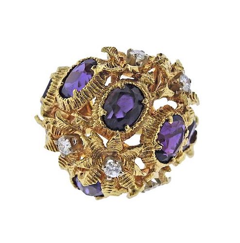 18K Gold Diamond Purple Stone Dome Ring