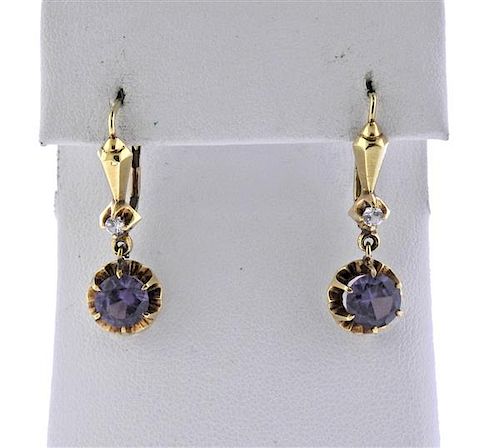 Antique 14k Gold Purple Stone Dangle Earrings 