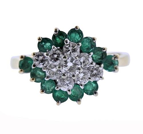 14k Gold Diamond Emerald Cluster Ring 