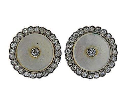 Art Deco Platinum Diamond MOP Button Earrings