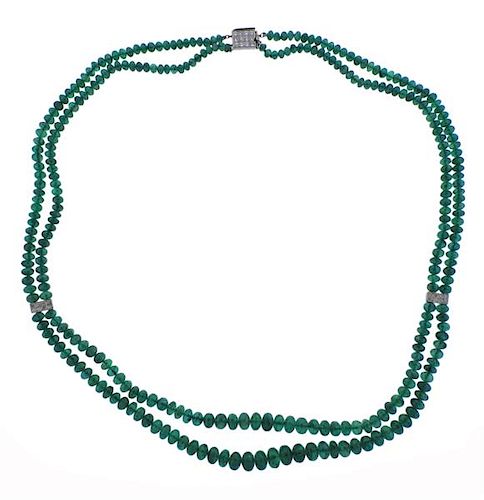 14K Gold Diamond Emerald Bead Two Strand Necklace