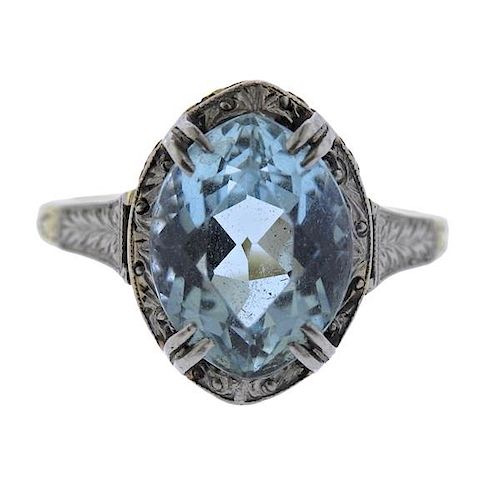 Antique Art Deco 14K Gold Platinum Blue Stone Ring