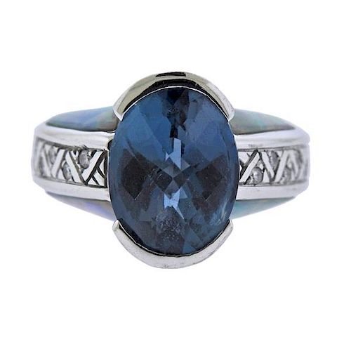 14k Gold London Blue Topaz Opal Ring 
