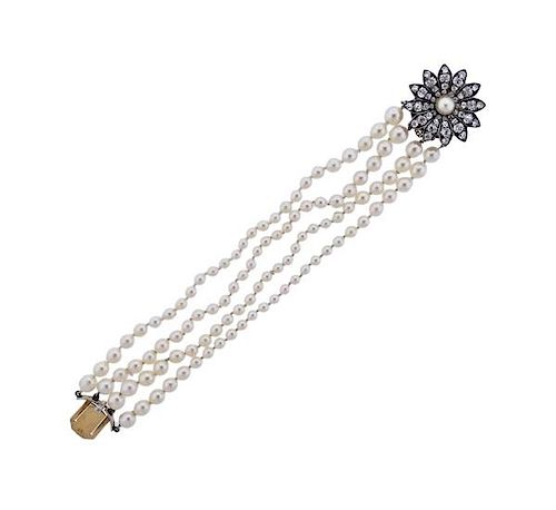 Victorian Silver Gold 4.00ctw Old Mine Diamond Clasp Pearl Bracelet