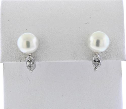 14K Gold Marquise Diamond Pearl Earrings