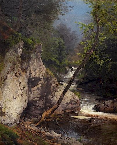 Hermann Ottomar Herzog, (German-American, 1832-1932), Untitled (Landscape with Stream and Fisherman)