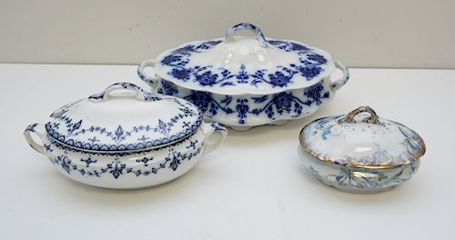 3 ENGLISH FLOW BLUE COVERED DISHES