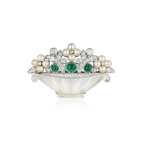 Cartier Art Deco Emerald Diamond Flower Basket Pin