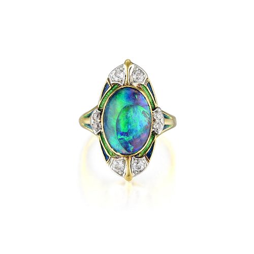 Louis Comfort Tiffany Art Nouveau Black Opal Diamond and Enamel Ring