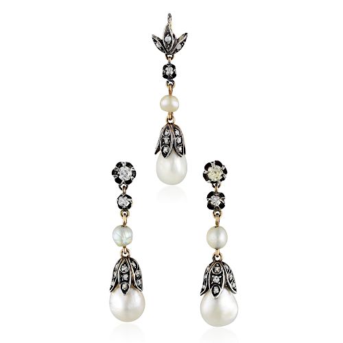 Antique Natural Pearl and Diamond Earrings and Pendant