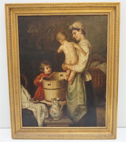 19TH C MOTHER & CHILDREN OIL ON CANVAS