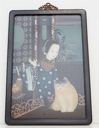 CHINESE MAIDEN W CAT REVERSE PAINTING