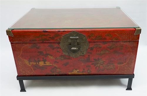 CHINESE RED LACQUER TRUNK ON STAND