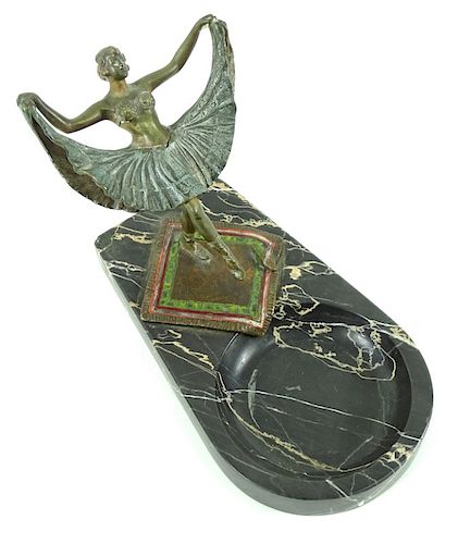 Art Deco Flapper Girl Bronze & Marble Ash Tray