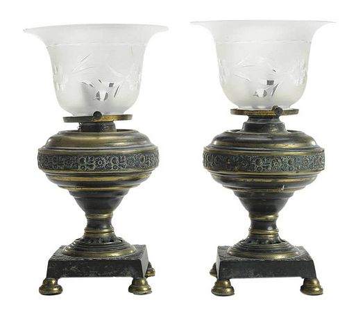Pair Brass Oil Lamps with Etched Glass