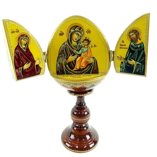 Russian Gilt Lacquer Hand Painted Tryptch Egg Icon