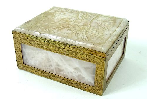 Chinese Carved Rose Quartz Brass Jewelry Box