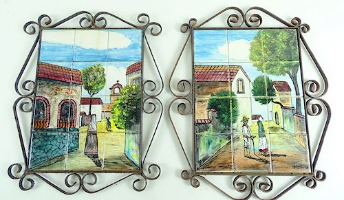 Two European Hand Painted Village Scene Plaques