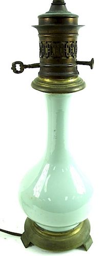 Antique Celadon Porcelain Brass & Silk Shade Lamp