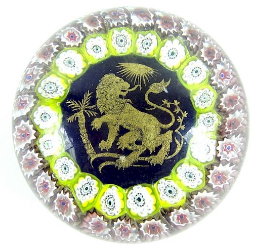 Millefiori Art Glass Lion Crest Paperweight