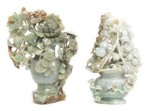 Two Carved Jadeite Models of Vases, Height of taller 6 1/2 inches.