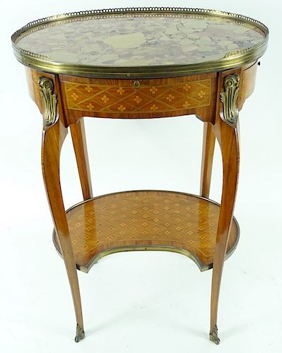 Antique Marble Top Brass Marquetry Wood Side Table