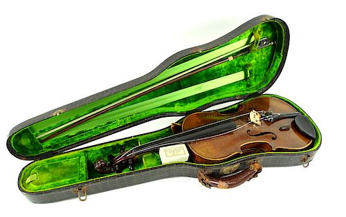 Antique Foo Dog Carved Violin, Bow & Case