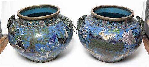 A Pair of Cloisonne Enamel Pots, Height 11 1/2 inches.